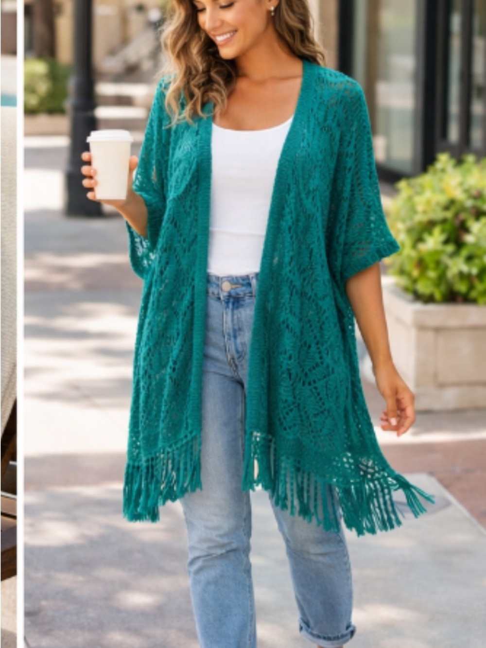Teal Crochet Kimono Cardigan Fringe Beach Coverup– Sz Medium - Picture 3 of 5